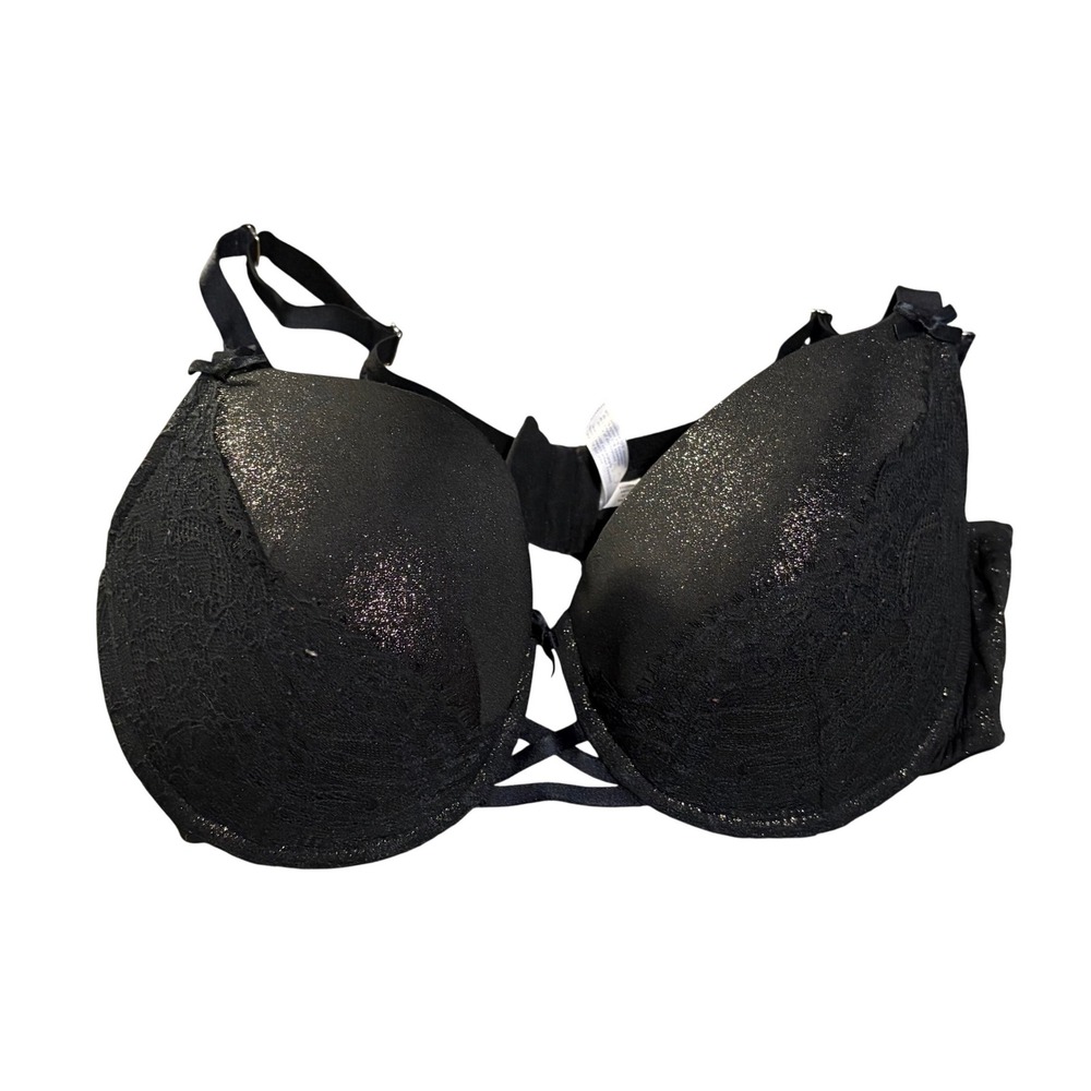 Cacique‎ Lace Shimmer Balconette Bra Black Excellent Strappy Detail Bows